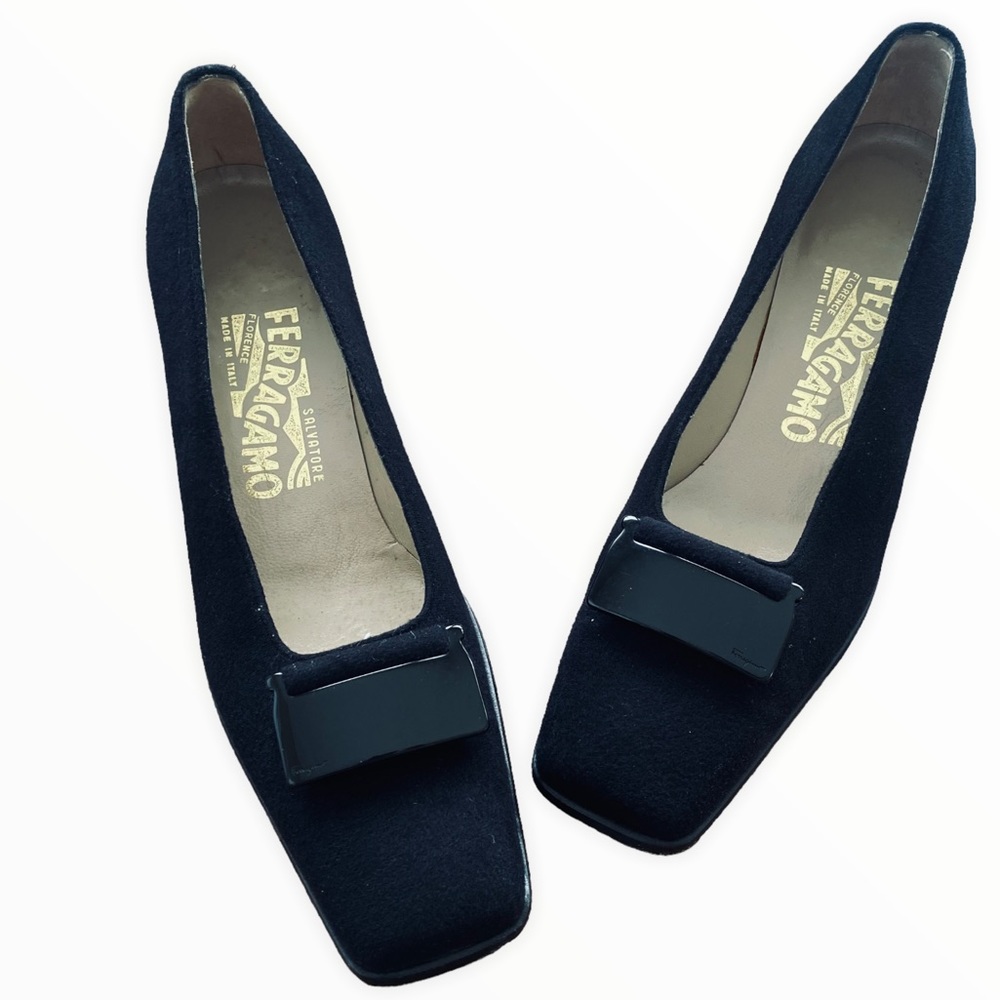 Salvatore Ferragamo Vintage Black Wool Classic Square Toe Heels Size 6.5
